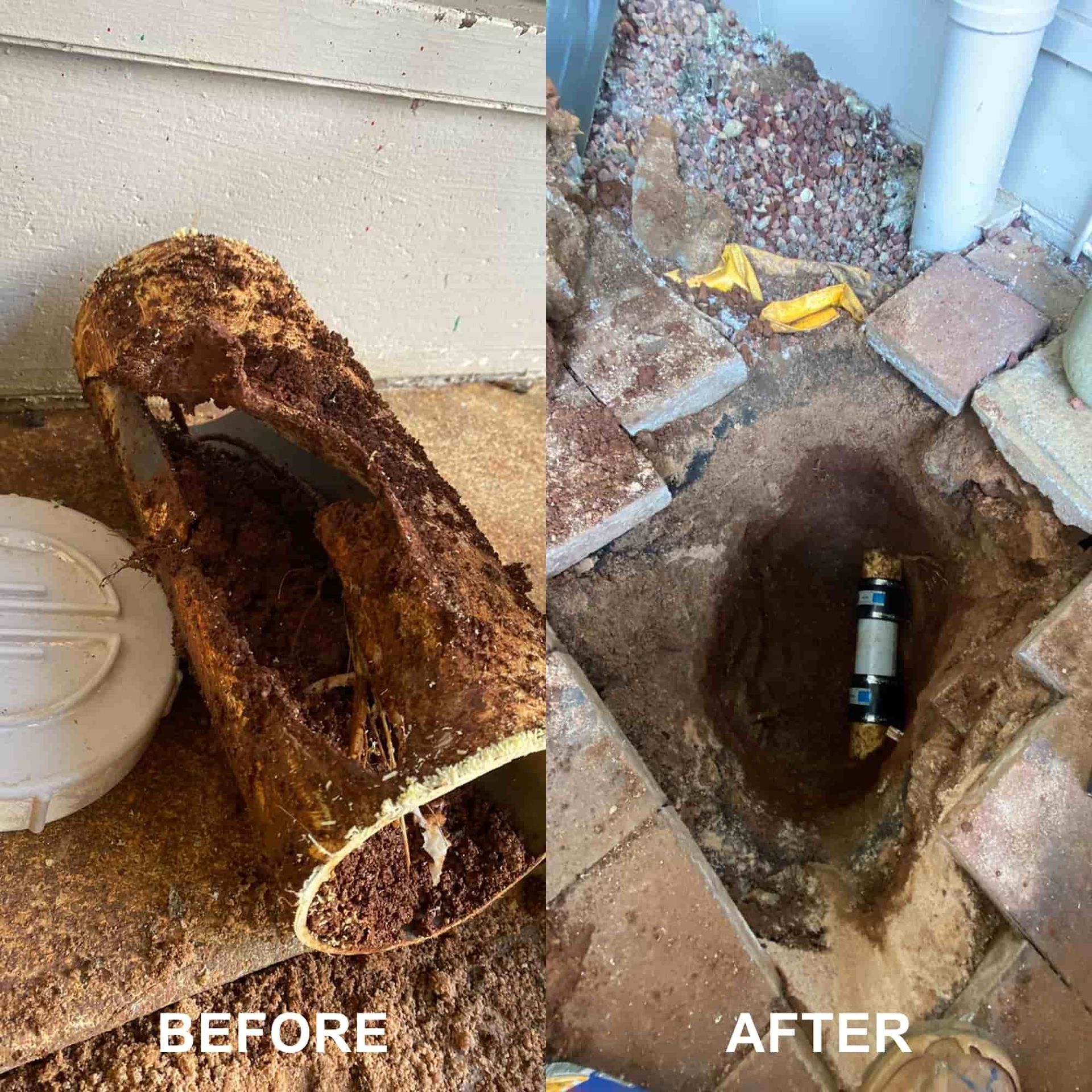 Comparison of old, corroded pipe and new pipe repair in a brick-lined trench.