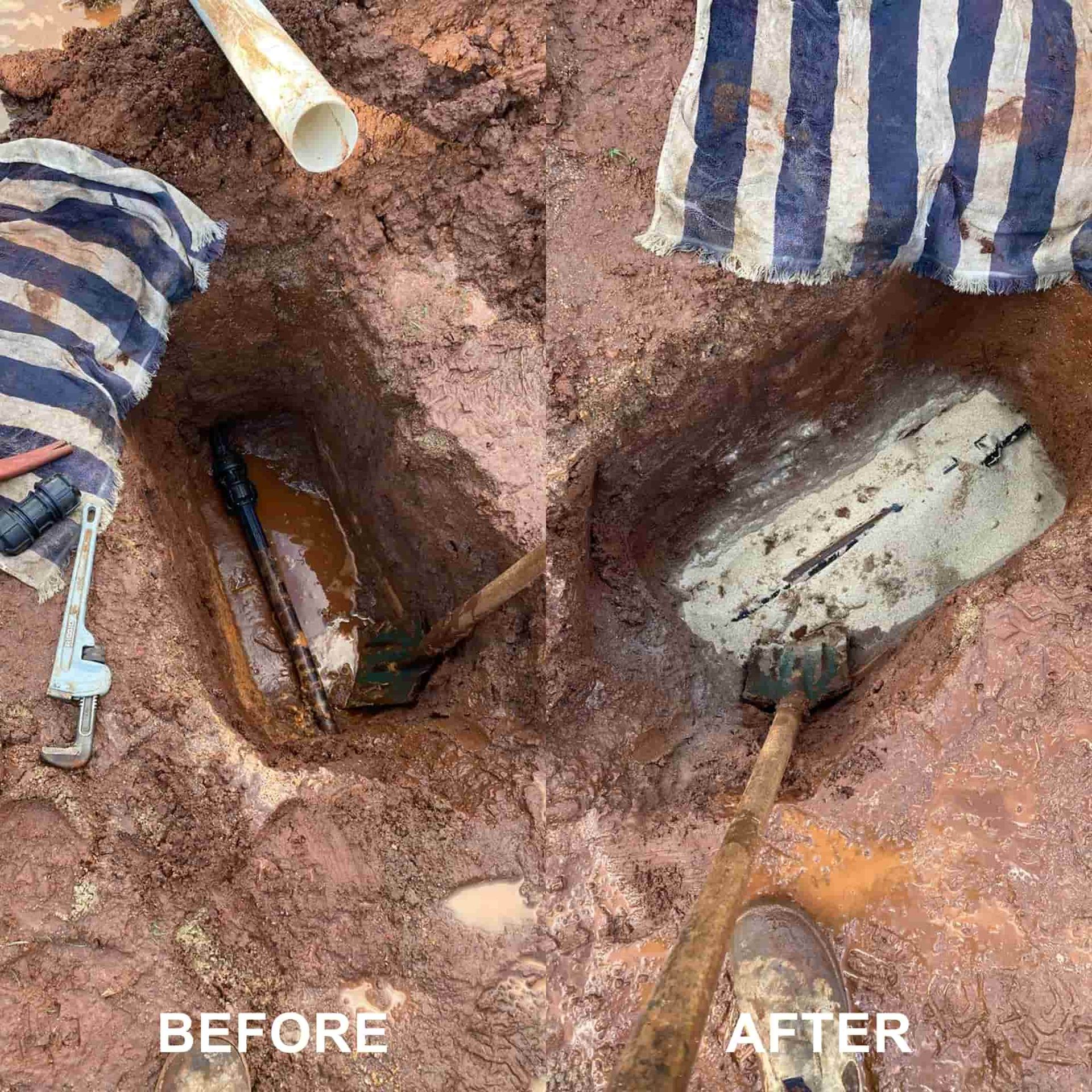 Excavation before and after: Dirt pit with pipes, tools, and a white concrete structure.
