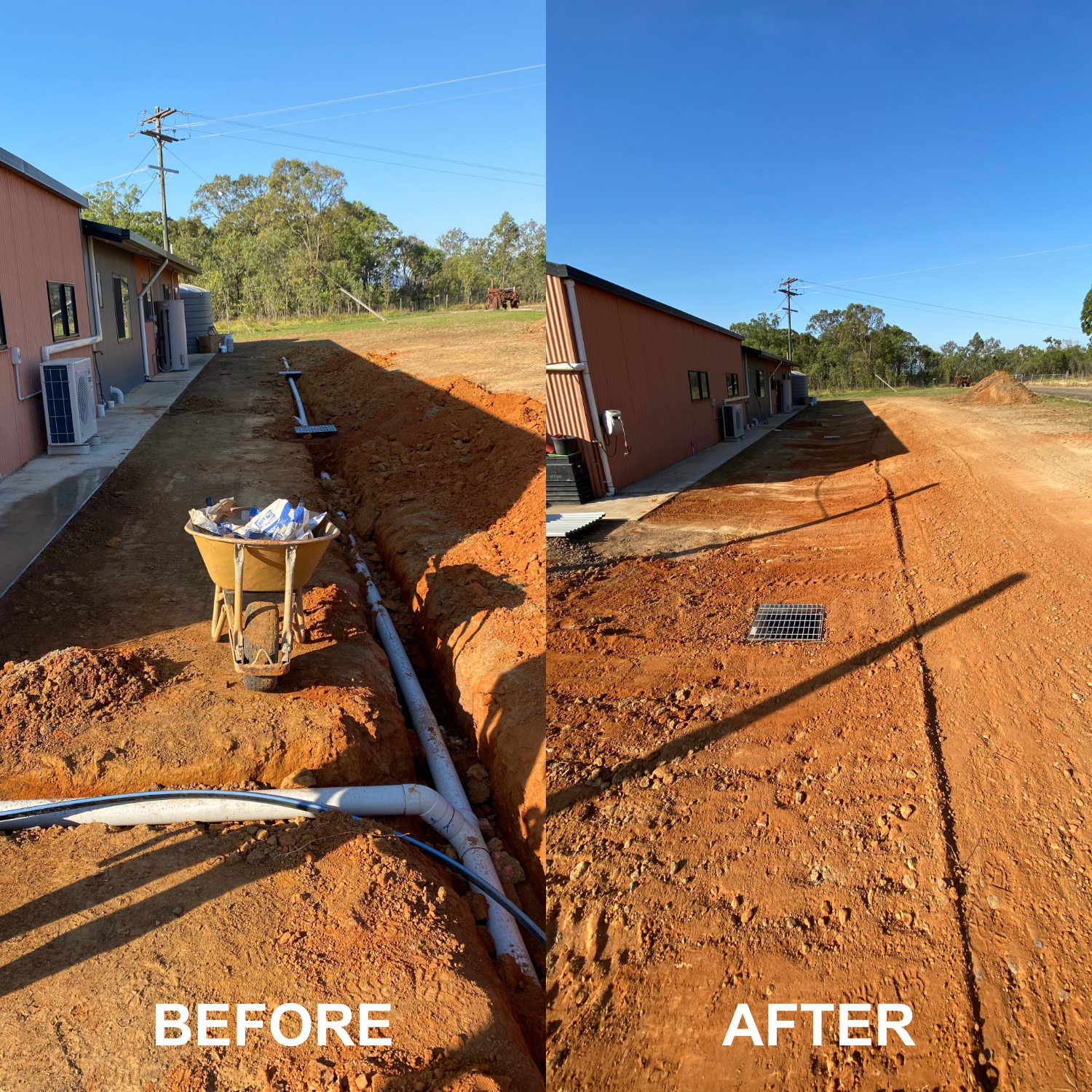 Before and after photos: Trench with pipes, then filled, alongside a building under a blue sky.