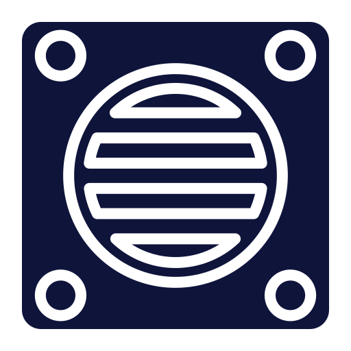 Dark blue square with a circular fan shape in the center and four screw holes.