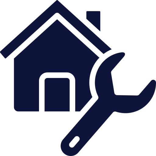 House icon with wrench, navy blue.