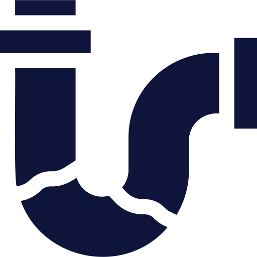 Dark blue U-shaped pipe with water, plumbing icon.