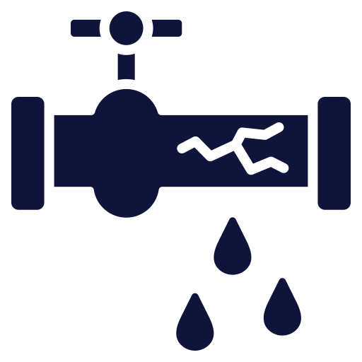 Leaking pipe with crack, valve open, water droplets.