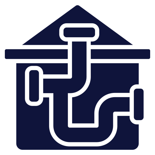 Dark blue icon of a house with white plumbing pipes running through it.