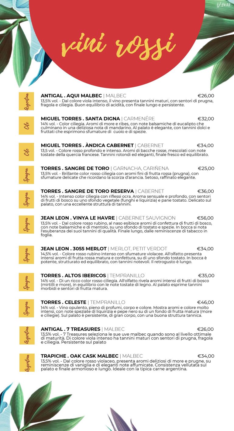 menu vini e bollicine