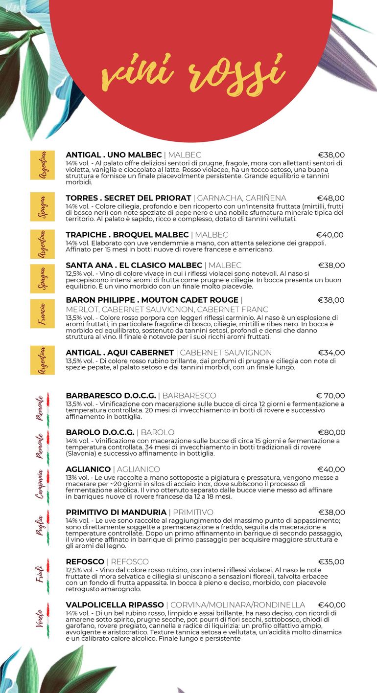 menu vini e bollicine