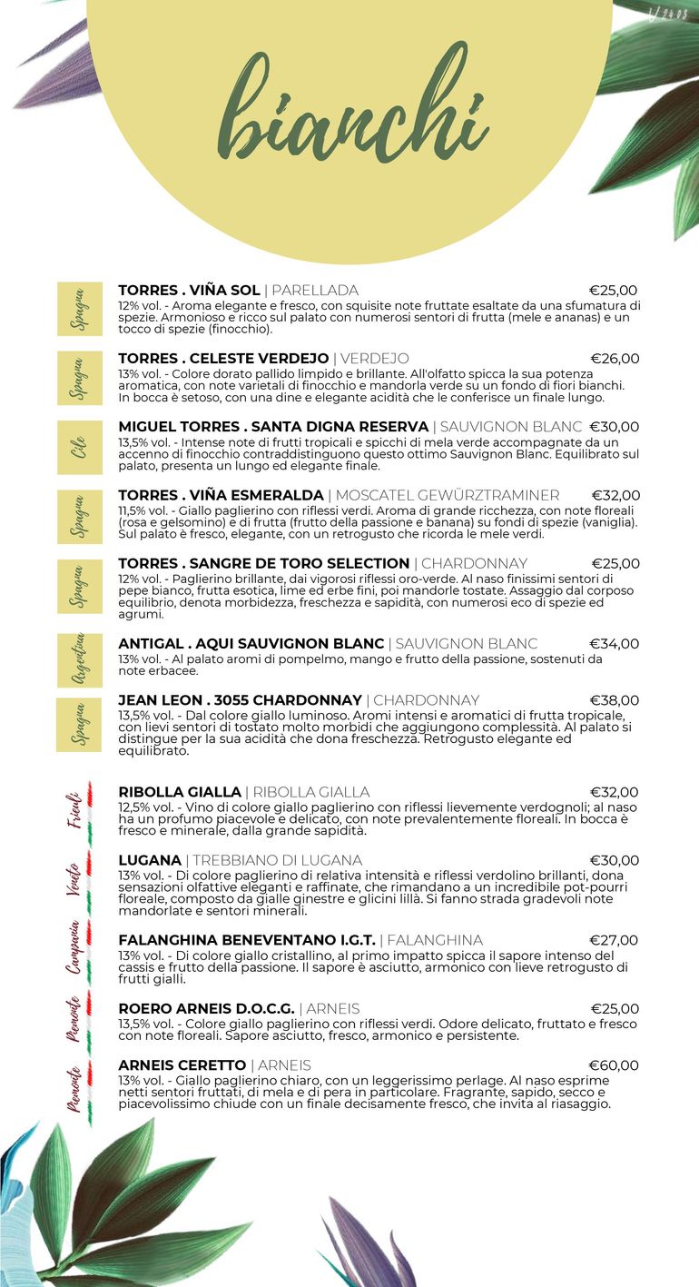 menu vini e bollicine