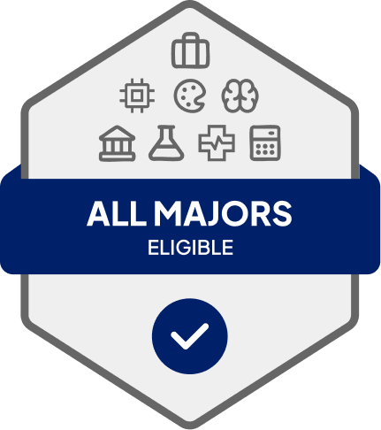 Badge with blue banner: 