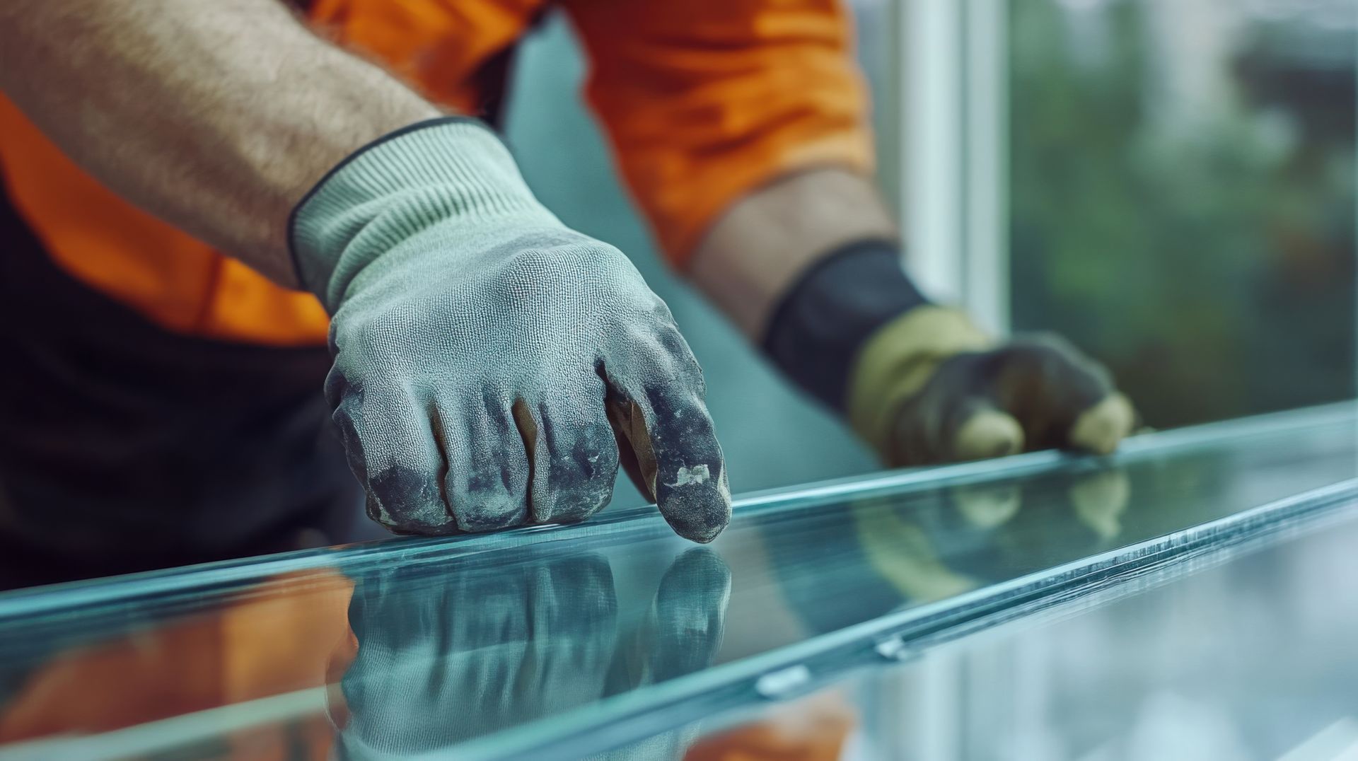 Person wearing gloves handles a pane of glass in an orange workshop setting.
