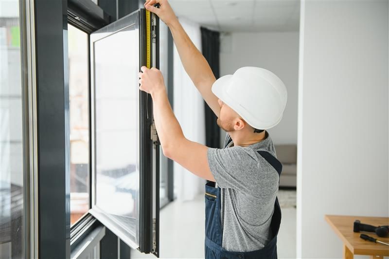 Person in work attire measures a window with a tape measure.