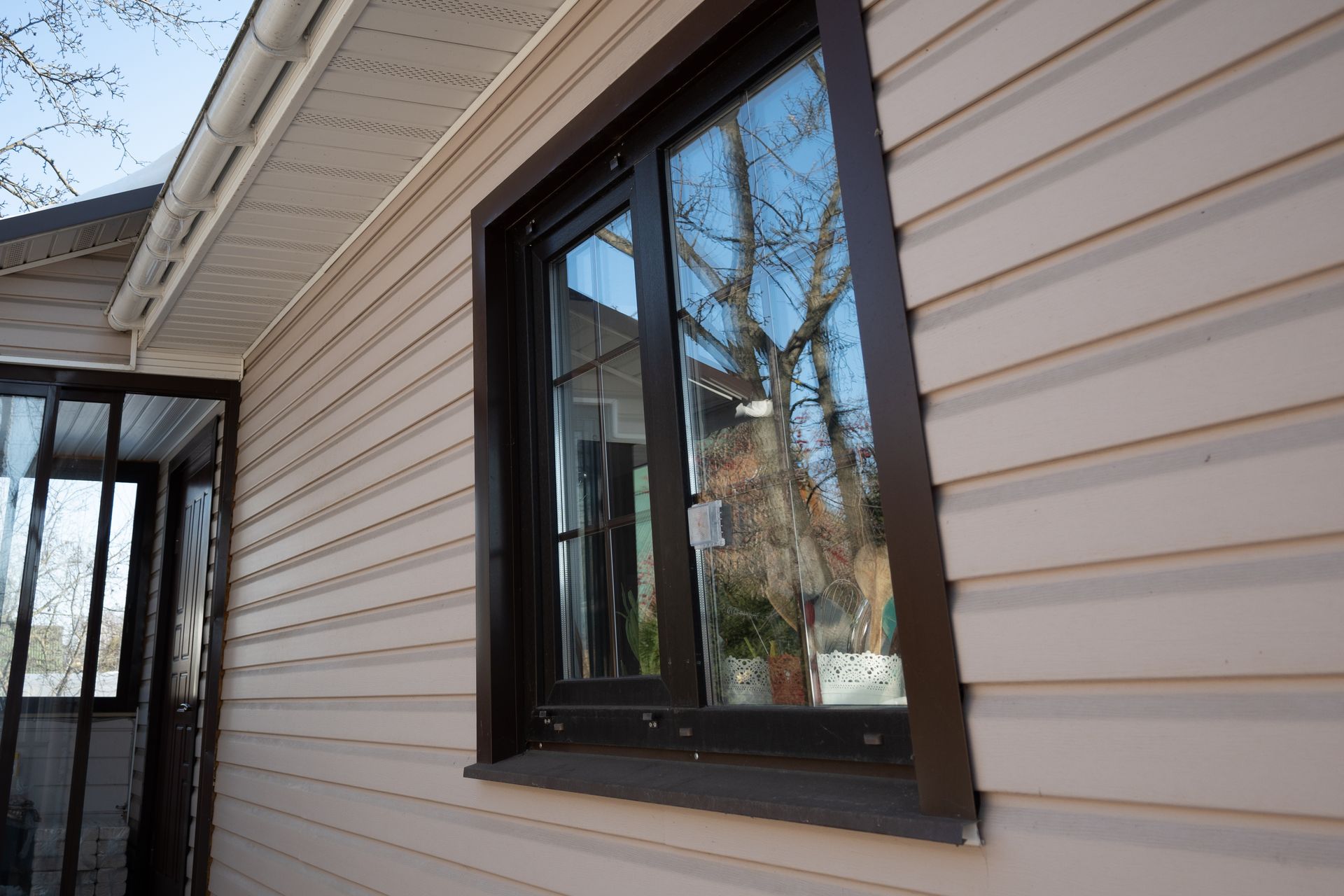 Brown framed window reflecting trees in a tan siding exterior.