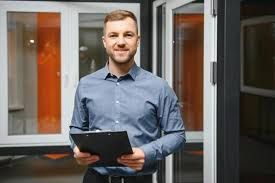 Man in blue shirt holding clipboard, smiling, in front of a window display.