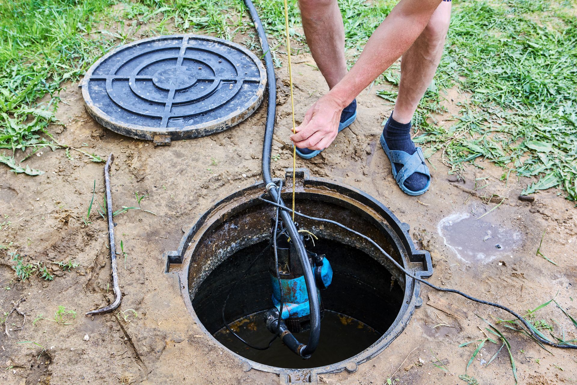 Person lowers a submersible pump into an open well pit for water system maintenance.