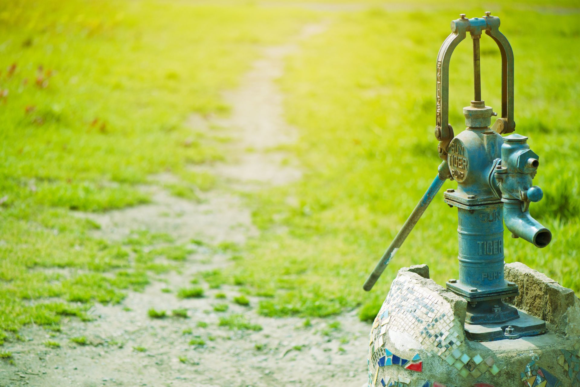 Vintage blue cast iron hand water pump on mosaic stone base in green garden pathway.