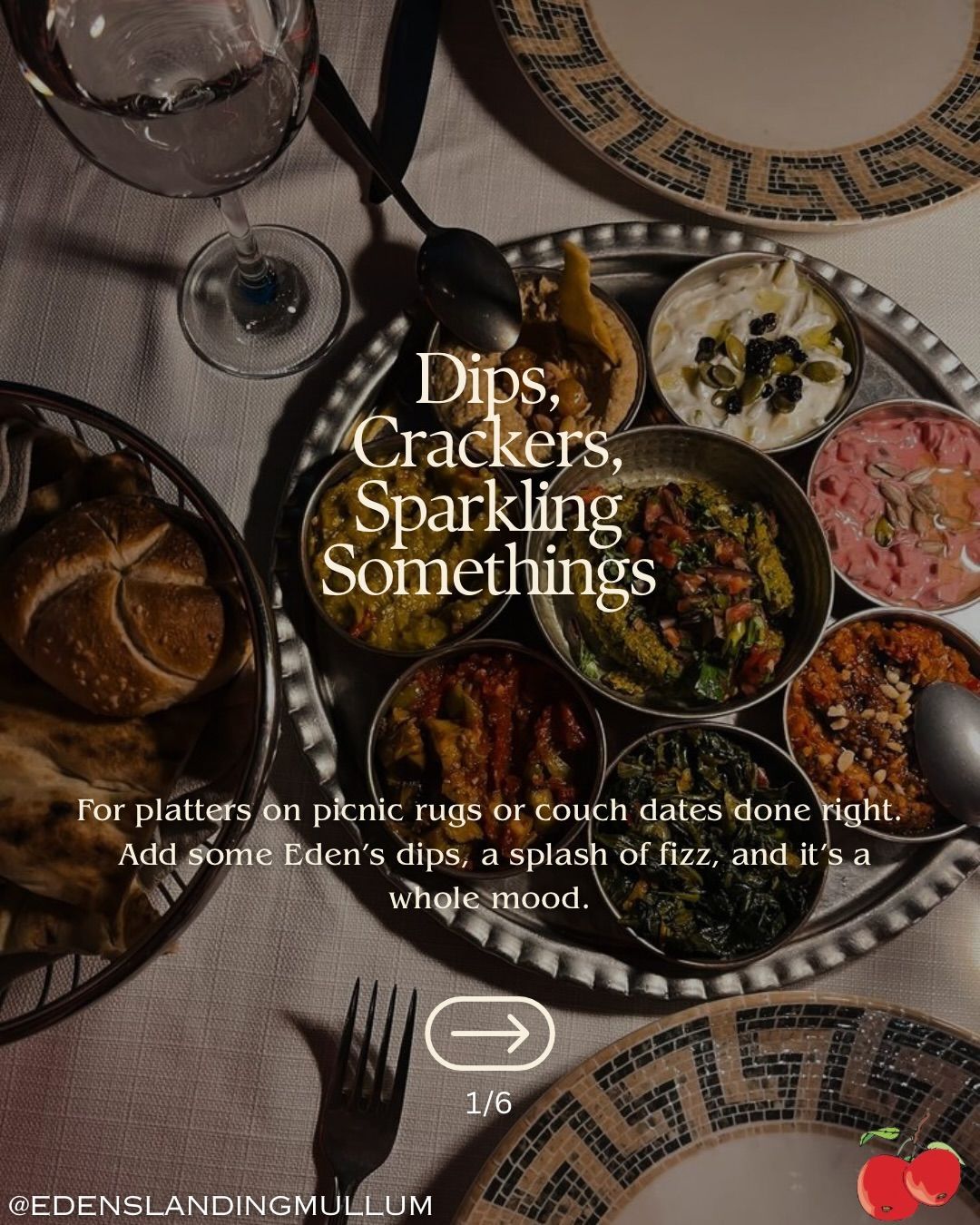 A food platter with dips and crackers on a table. Text reads 