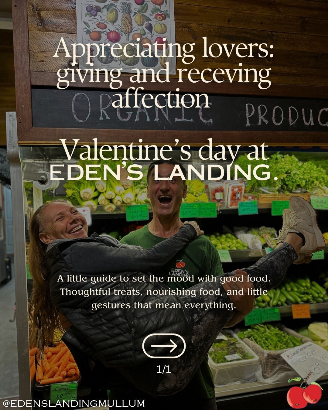 Man holding woman in grocery store; Valentine's Day at Eden's Landing.