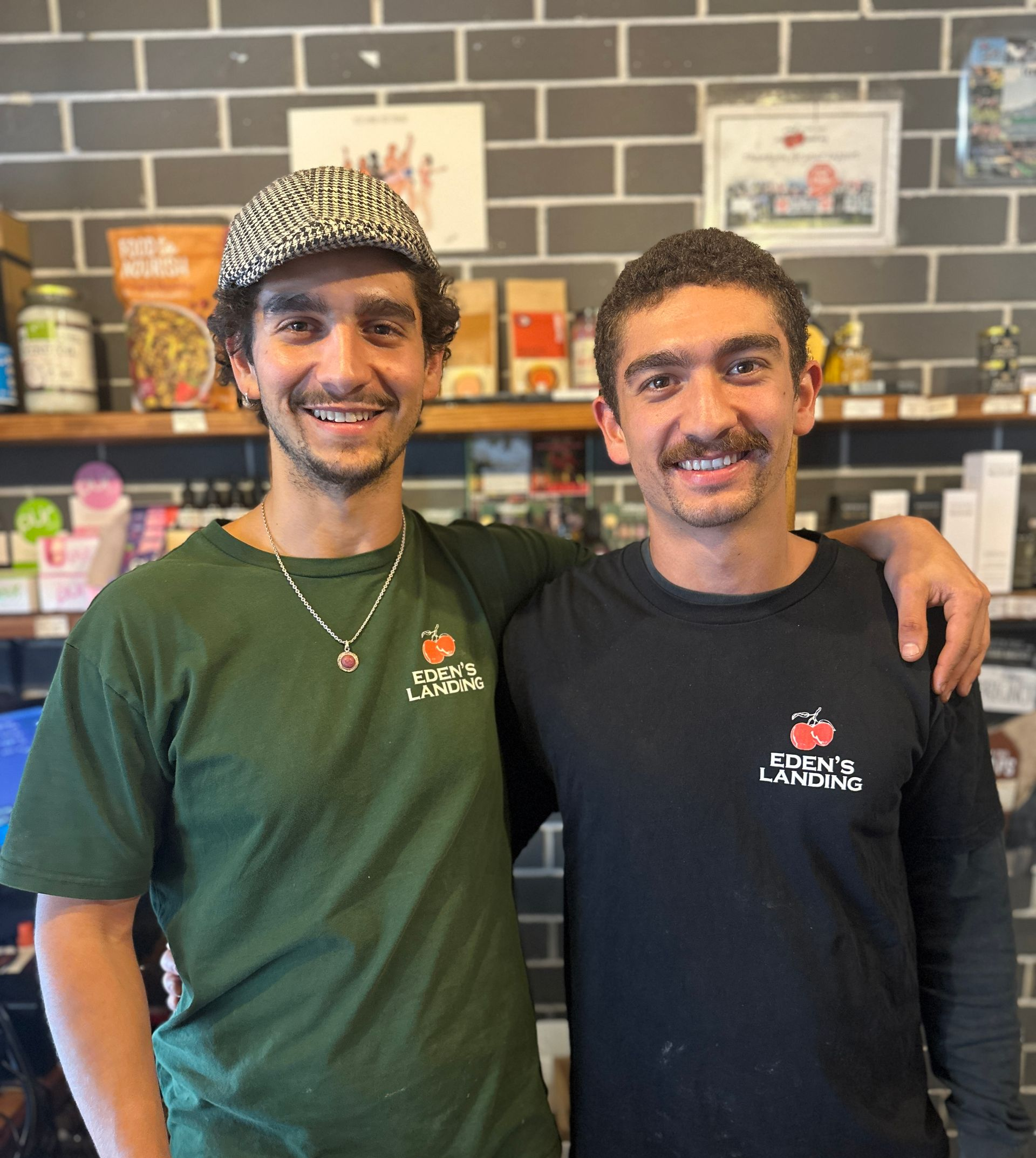 Brothers at Eden’s Landing organic grocer in Mullumbimby, Northern Rivers working in family business.