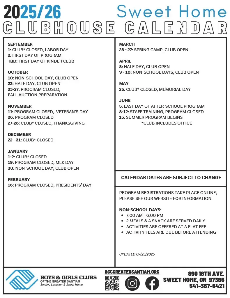 2025/26 Sweet Home Clubhouse Calendar. Dates include: Club events, activities, and contact information.