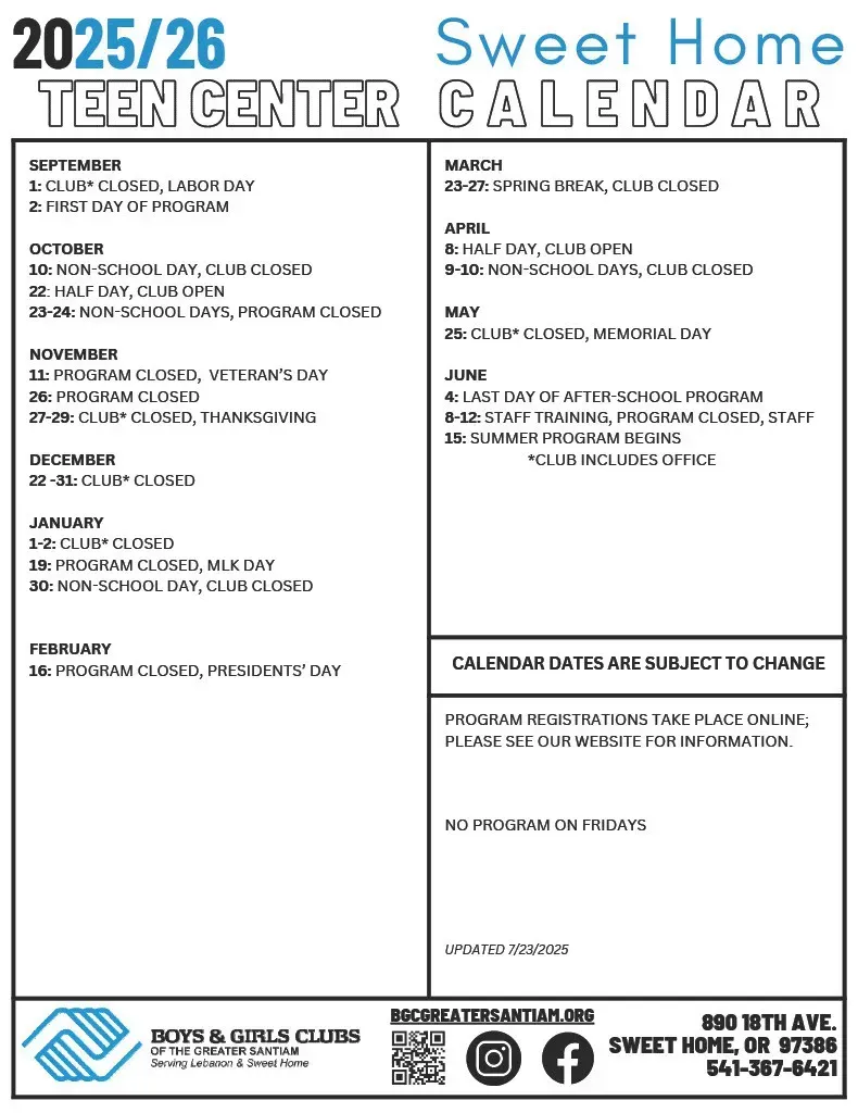 Sweet Home Teen Center 2025/26 calendar with monthly activity listings and contact information.