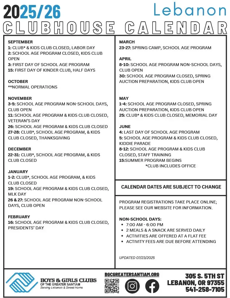 Lebanon Clubhouse 2025/26 calendar with monthly activities, location, and contact information.