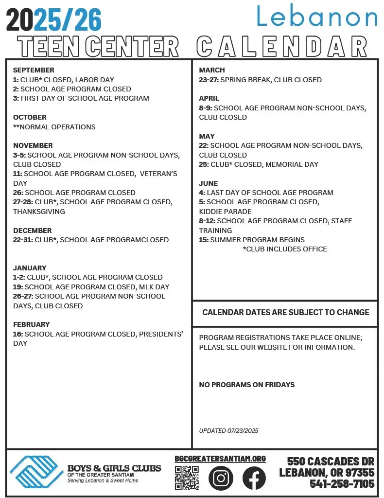 2025/26 Lebanon Teen Center Calendar with monthly activity listings. Includes dates, activities, and contact information.