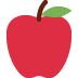 Red apple with brown stem and green leaf.