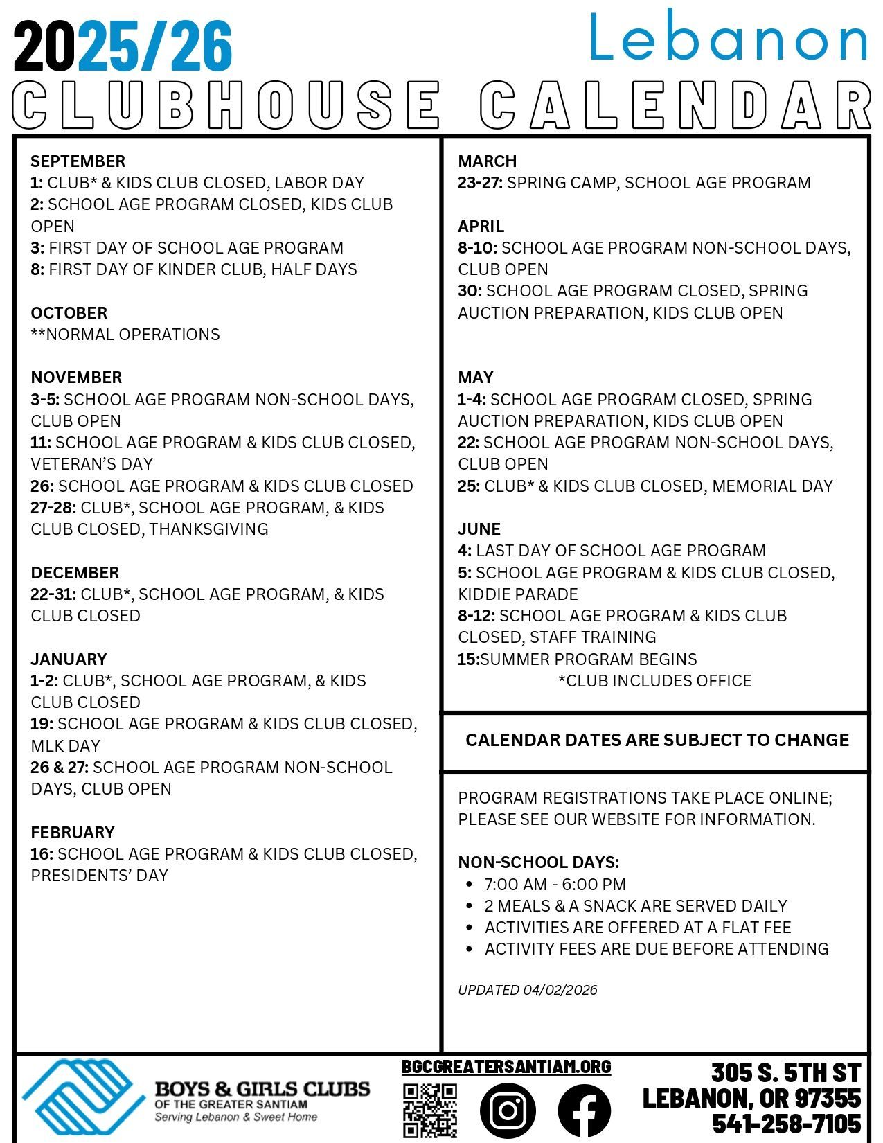 Lebanon Clubhouse 2025/26 calendar with monthly activities, location, and contact information.