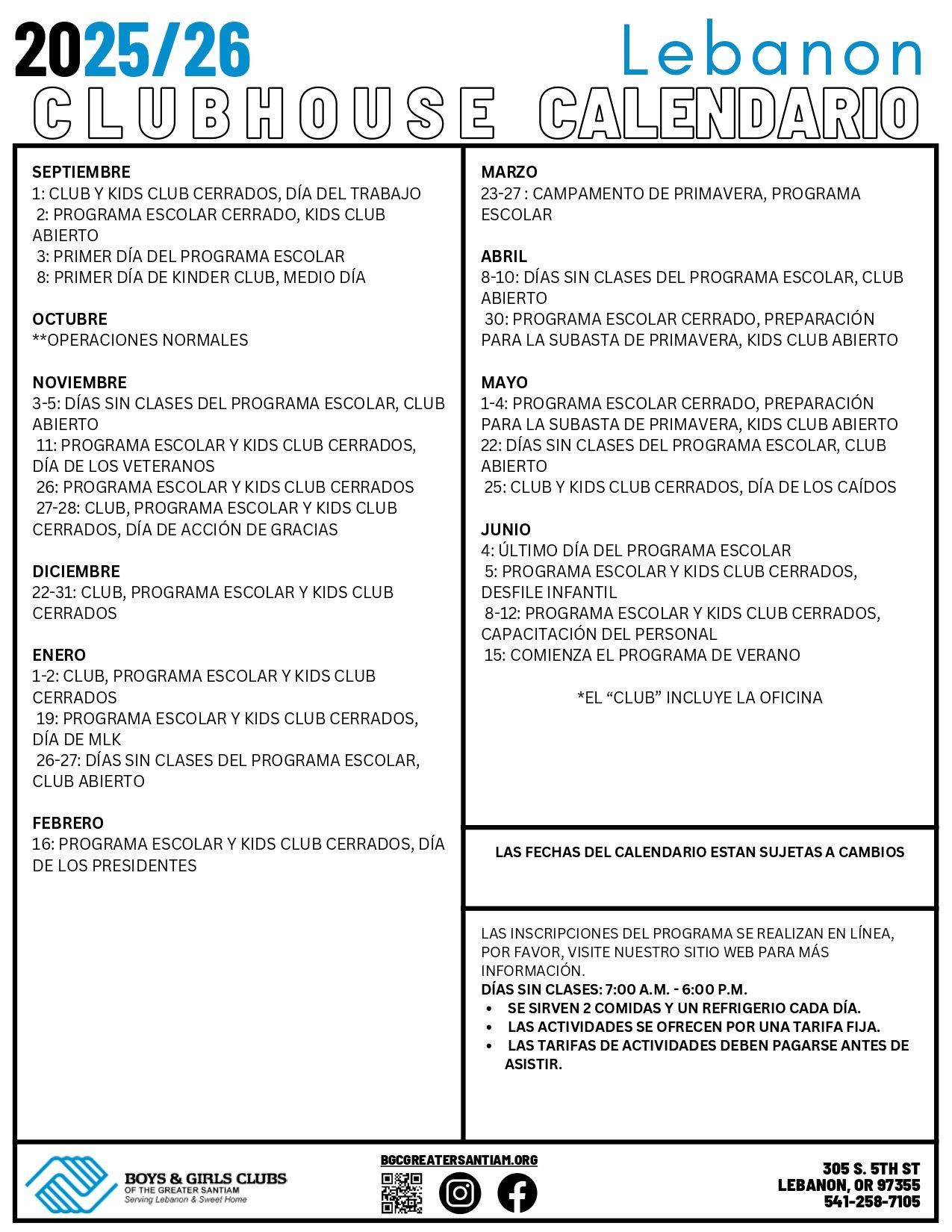 Lebanon Clubhouse 2025/26 calendar with monthly activities, location, and contact information.