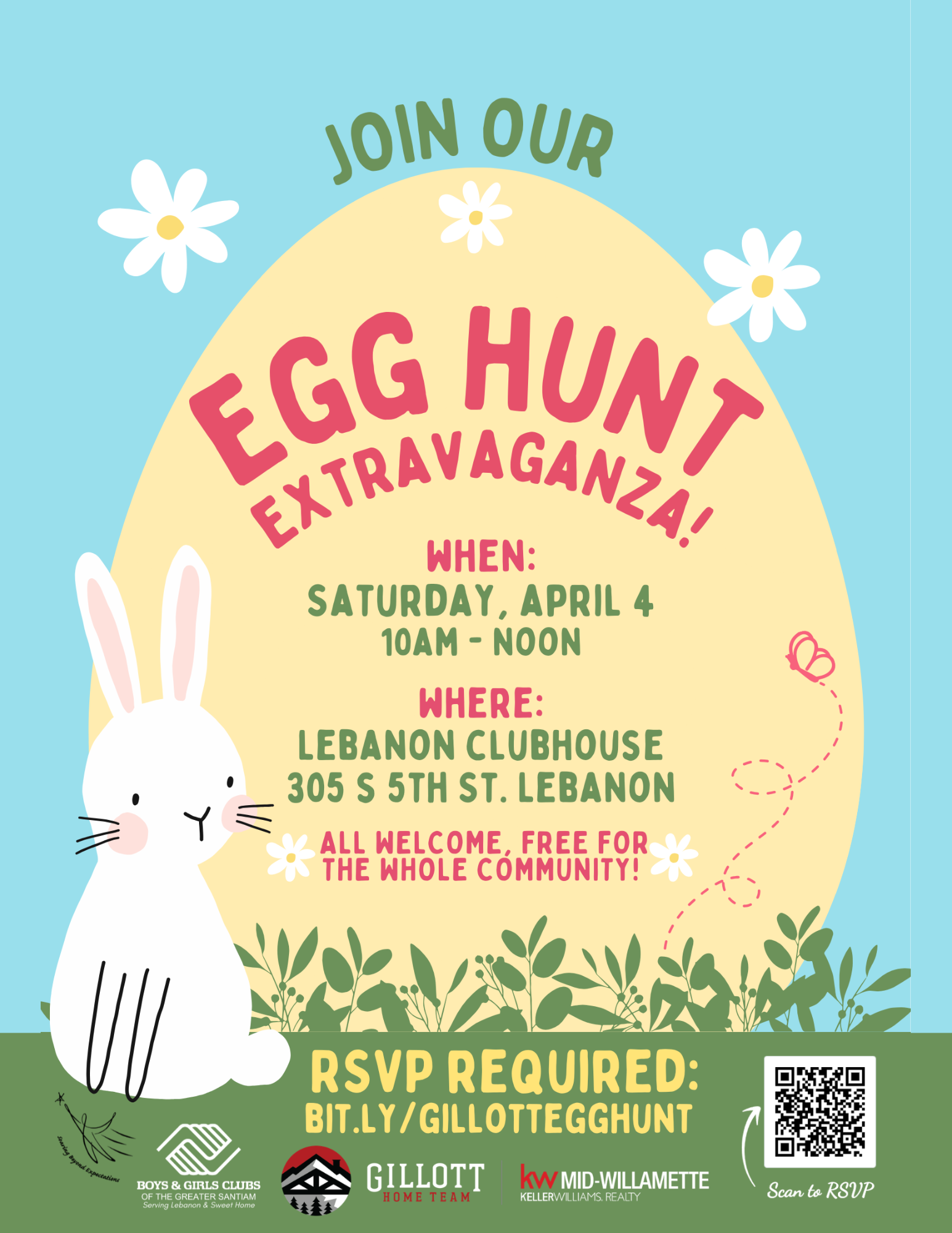 Event flyer: Egg Hunt Extravaganza on April 4, 10am-noon, at Lebanon Clubhouse. Includes RSVP link and QR code.