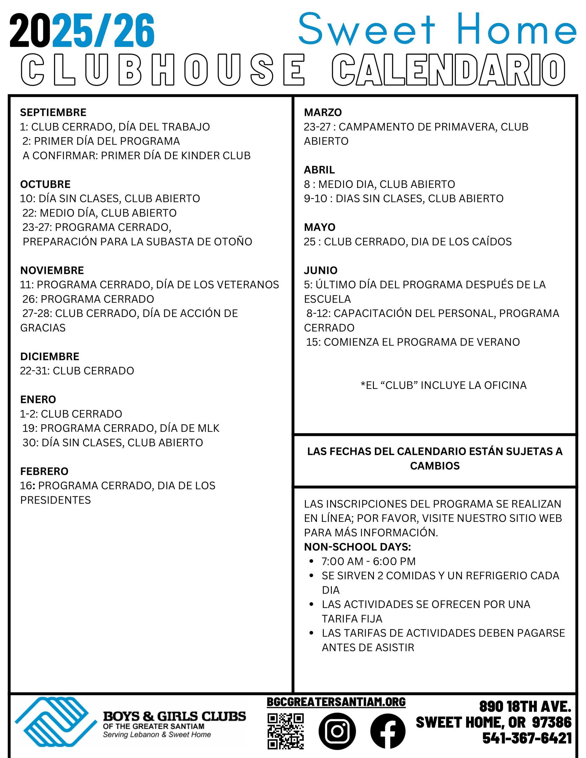 2025/26 Sweet Home Clubhouse Calendar. Dates include: Club events, activities, and contact information.