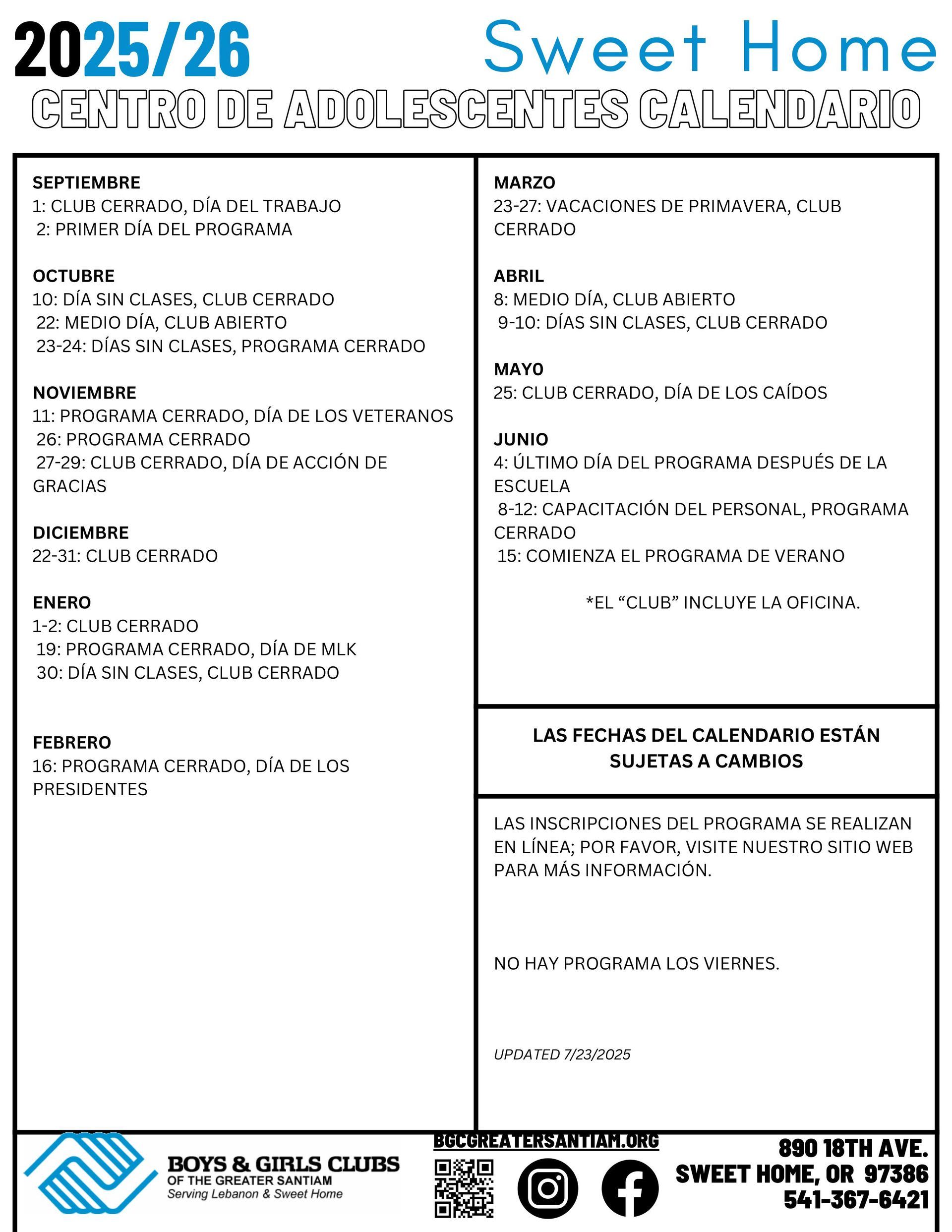 Sweet Home Teen Center 2025/26 calendar with monthly activity listings and contact information.