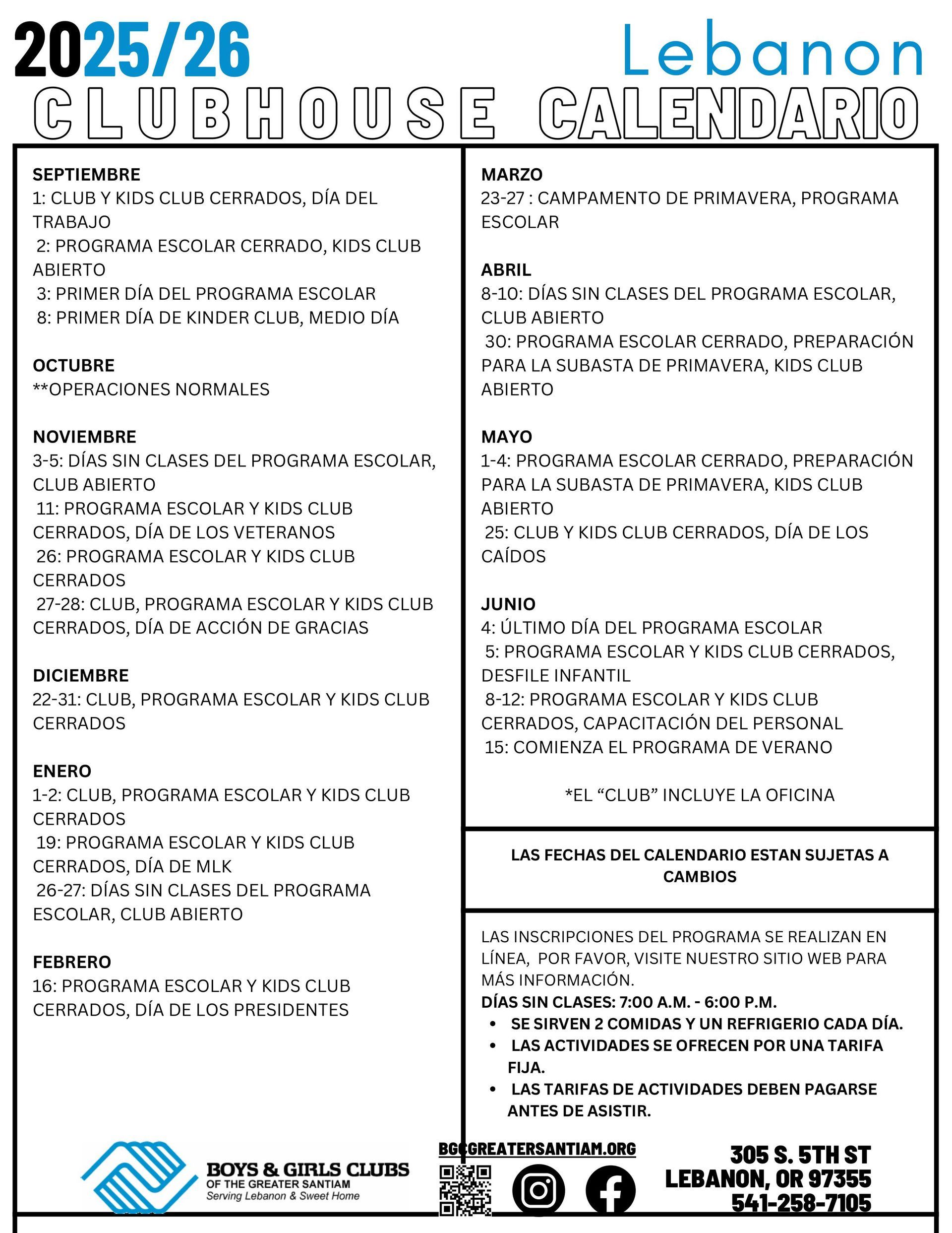 Lebanon Clubhouse 2025/26 calendar with monthly activities, location, and contact information.