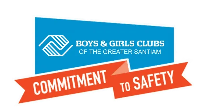Logo for Boys & Girls Clubs of the Greater Santiam. Blue box with logo, red ribbon: