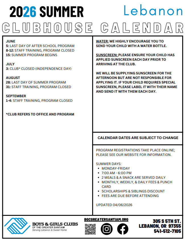 Lebanon Clubhouse 2025/26 calendar with monthly activities, location, and contact information.