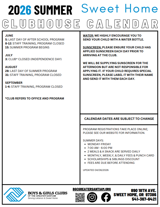 2025/26 Sweet Home Clubhouse Calendar. Dates include: Club events, activities, and contact information.