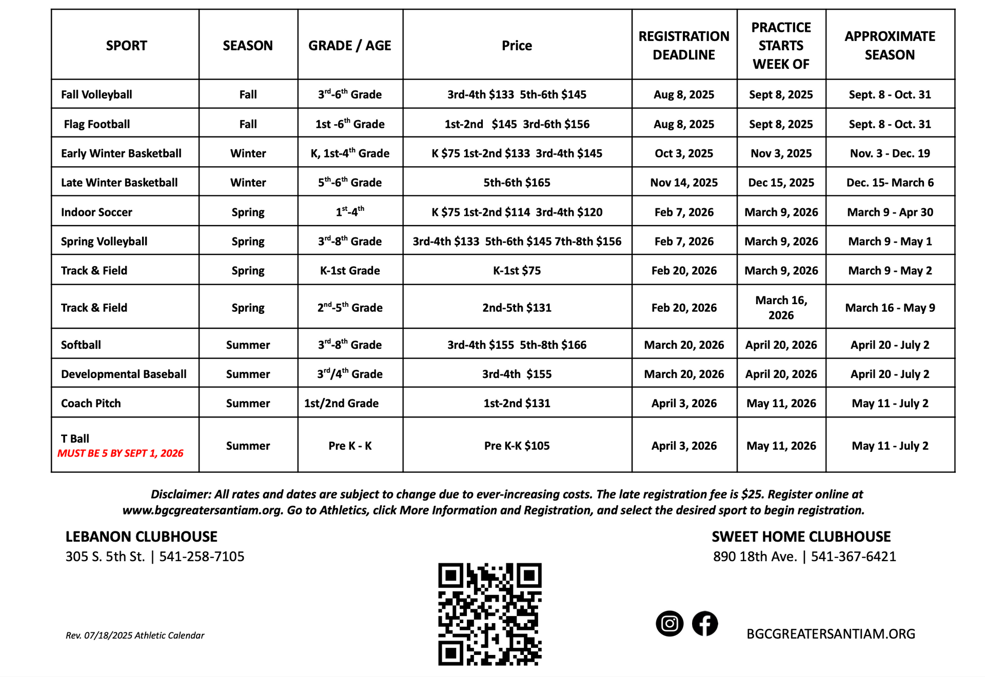 Sports league schedule with sport, grade, age, season dates, and registration info.