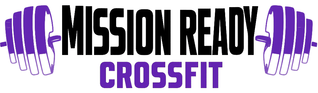 Logo for "Mission Ready CrossFit" in black and purple, with weightlifting hands.