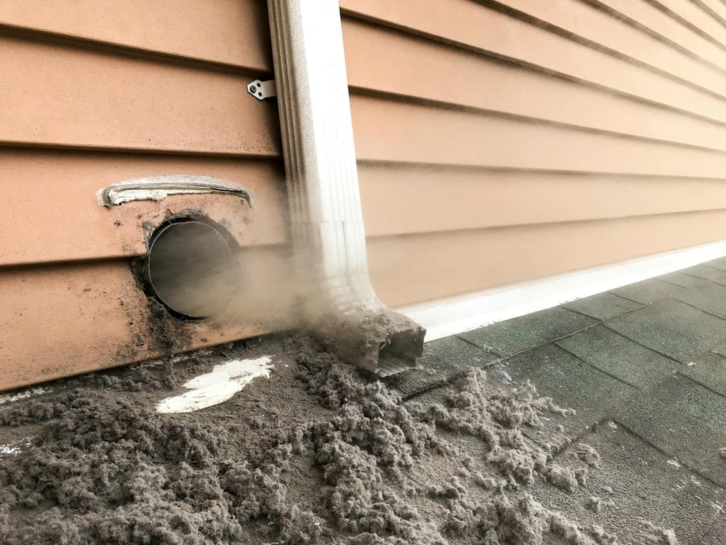 Exterior dryer vent with visible lint and dust on roof. Brown siding.