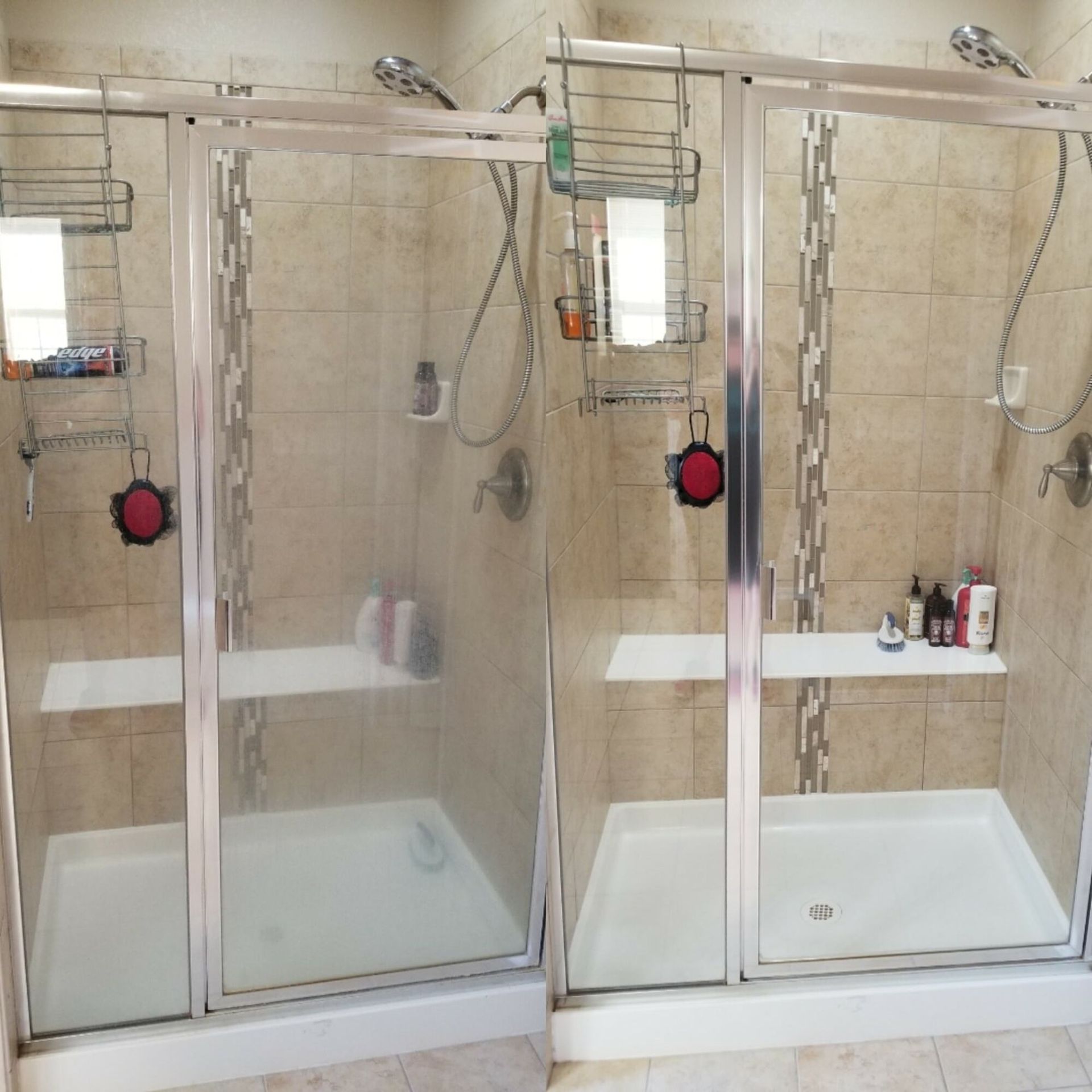 A bathroom with three shower stalls with sliding glass doors