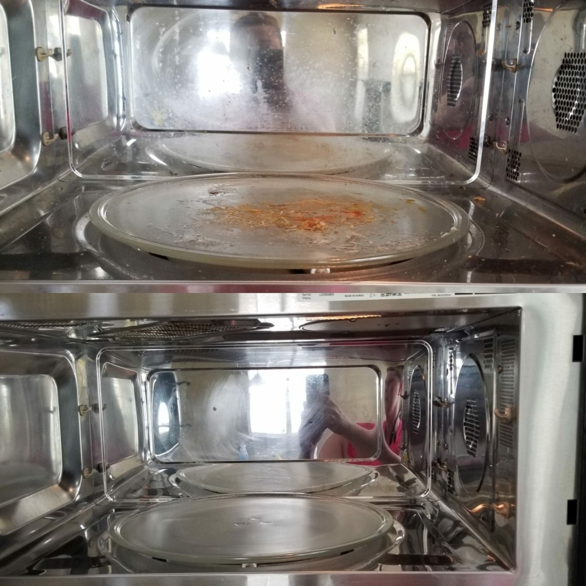 The inside of a microwave oven before and after being cleaned