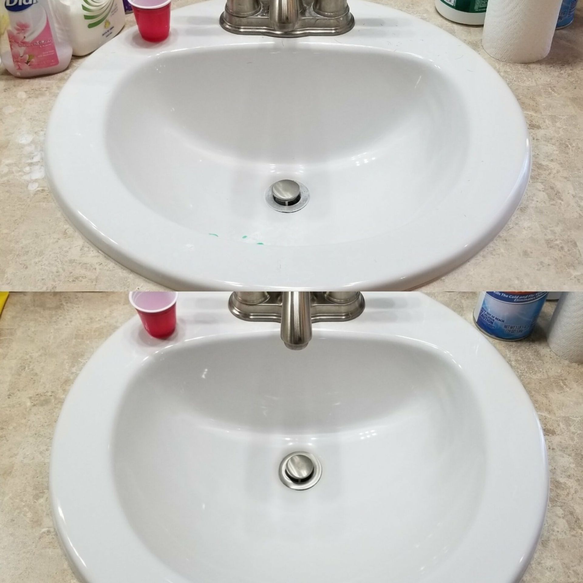 A before and after picture of a bathroom sink.