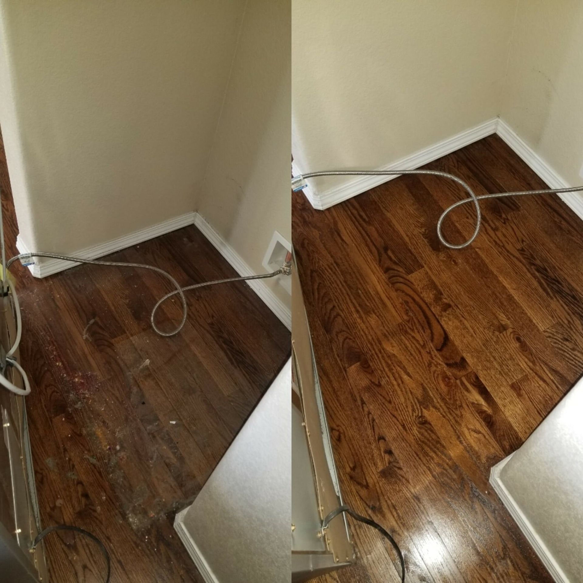 A before and after photo of a wooden floor in a room.