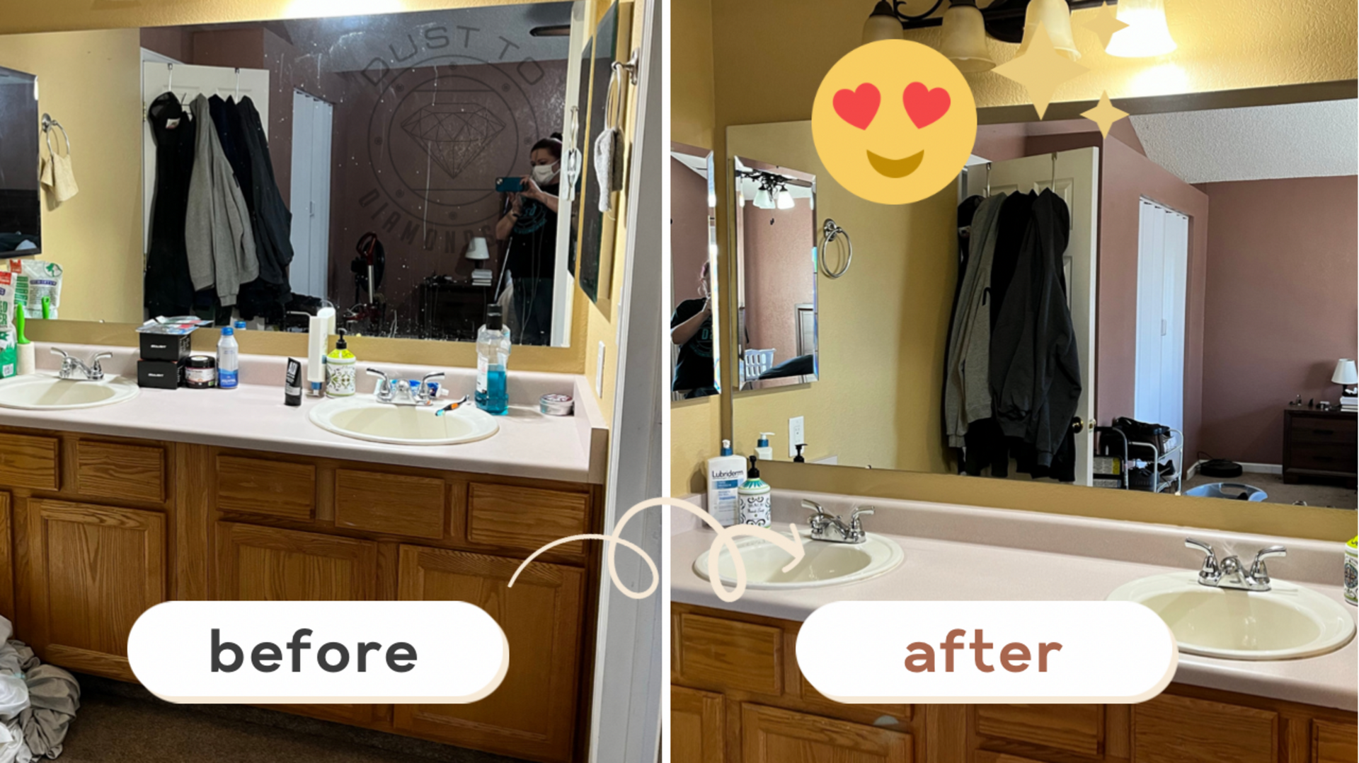 A before and after photo of a bathroom with two sinks and a mirror.