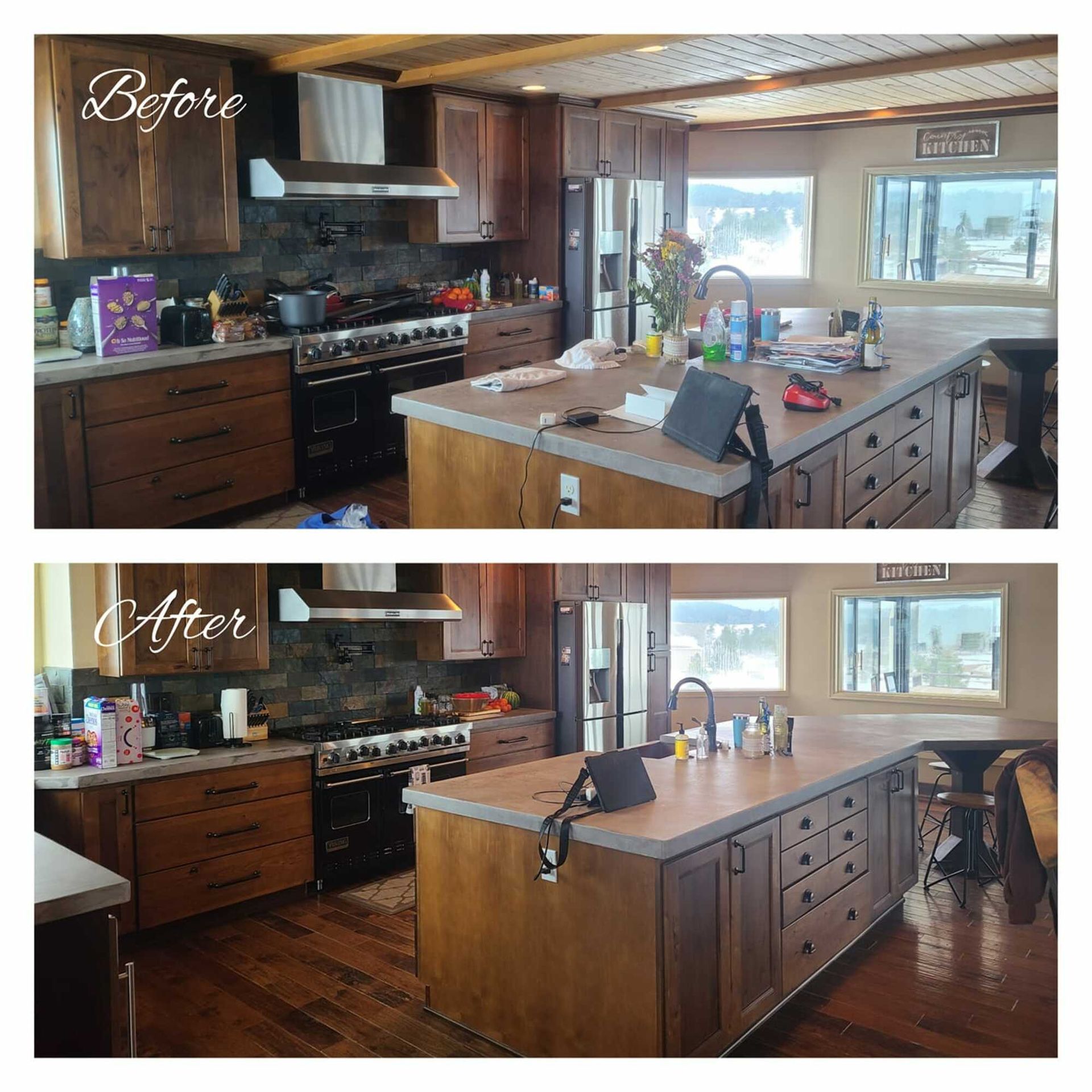 A before and after photo of a kitchen with a large island