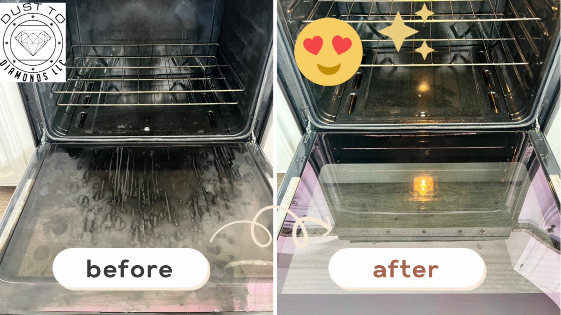A before and after picture of a dirty oven and a clean oven.