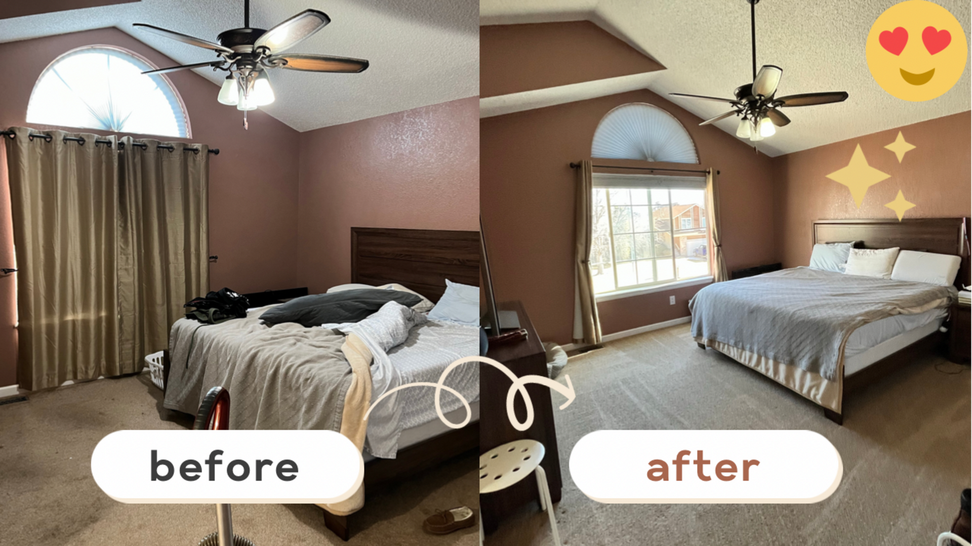 A before and after photo of a bedroom with a bed and a ceiling fan.