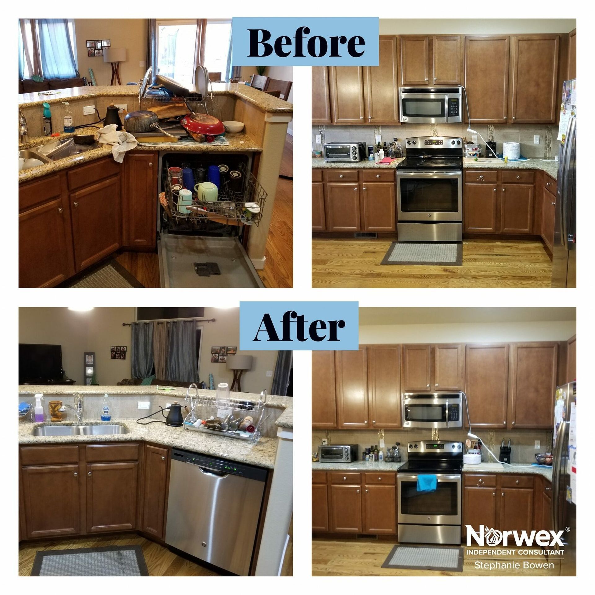 A before and after photo of a kitchen with stainless steel appliances