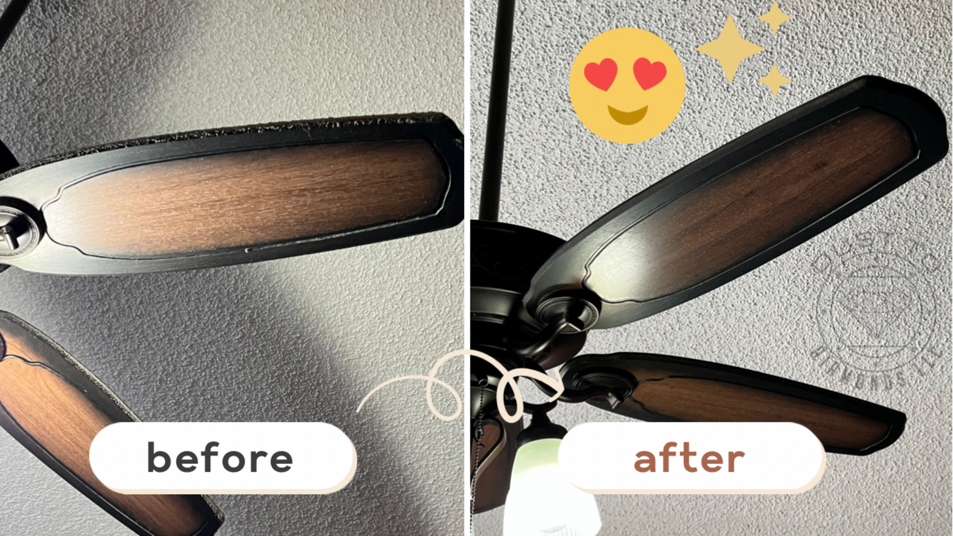 A before and after photo of a ceiling fan