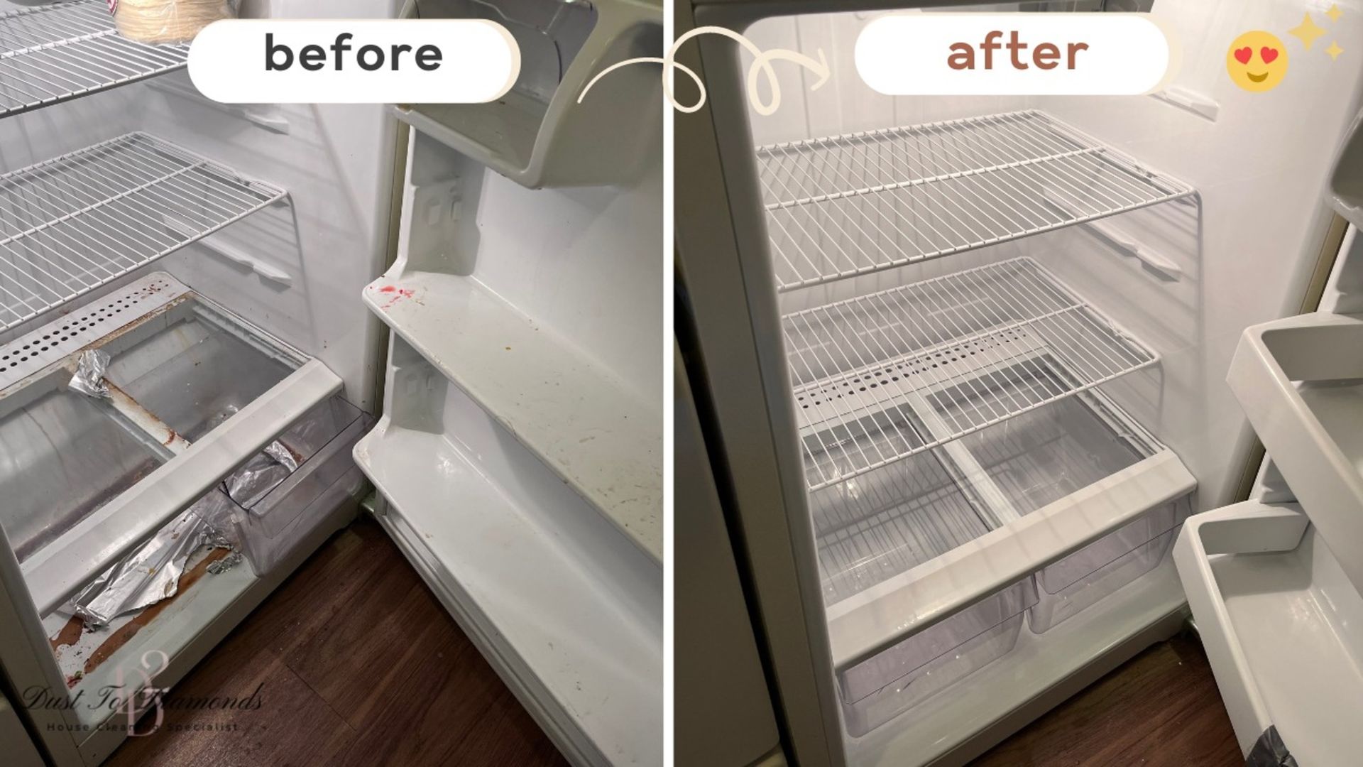 A before and after photo of an empty refrigerator.