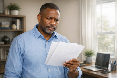 African American man looking at letter with concern